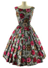 Late 1950s Vibrant Pink and Gold Roses Print Silk Dress - NEW!