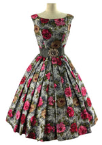 Late 1950s Vibrant Pink and Gold Roses Print Silk Dress - NEW!