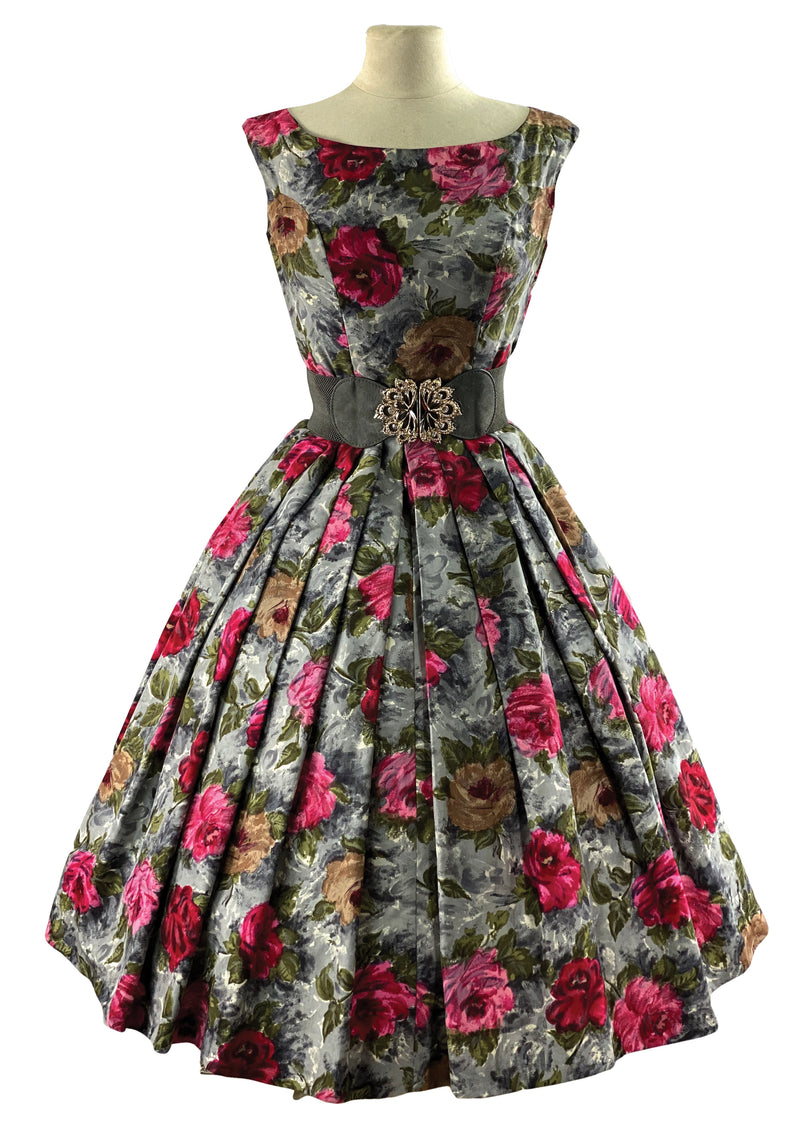 Late 1950s Vibrant Pink and Gold Roses Print Silk Dress - NEW!
