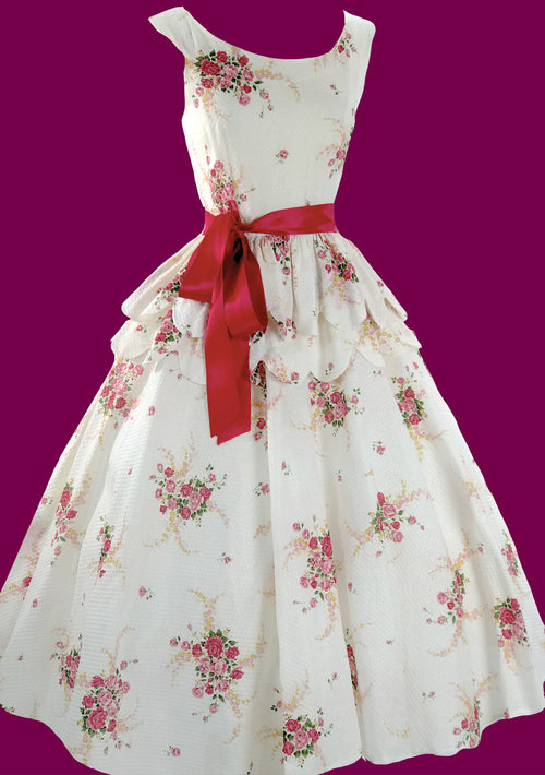 1950s Pink Roses Bouquet Pique Dress  - SOLD