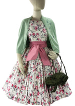 Vintage Late 1950s British Cotton Designer Dress with Pink Roses - New!