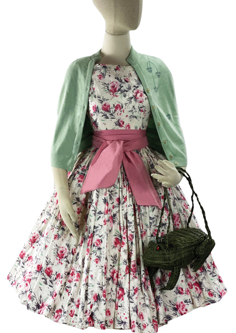 Vintage Late 1950s British Cotton Designer Dress with Pink Roses - New!
