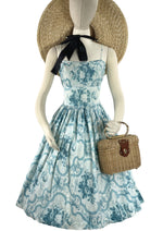 Vintage 1950s Blue Roses Scroll Cotton Sundress- New!