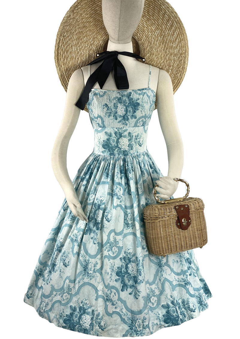 Vintage 1950s Blue Roses Scroll Cotton Sundress- New!