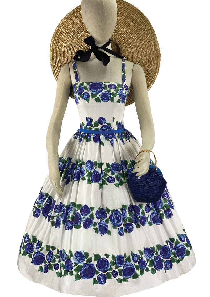 Late 1950s Blue Roses Designer Cotton Dress - NEW!