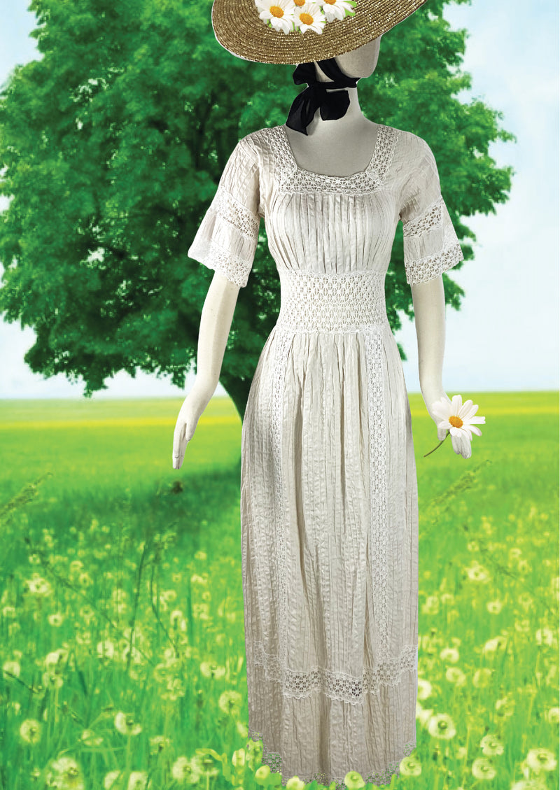 1970s Young Edwardian Look White Cotton Maxi Dress- New!