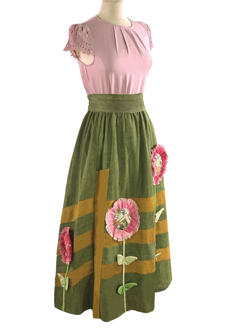 Vintage 1970s Sunflower Appliqué Maxi Skirt by Designer Chessa Davis - New!