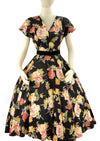 Striking Late 1950s Pink Cabbage Roses on Black Taffeta Dress- NEW!