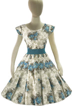 Lovely 1950s Blue Roses Taupe Embroidered Cotton Dress Set - New!