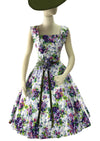 Stunning 1950s Violet Sprays Cotton Designer Dress with Rhinestones - New!