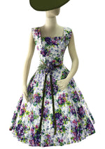 Stunning 1950s Violet Sprays Cotton Designer Dress with Rhinestones - New!
