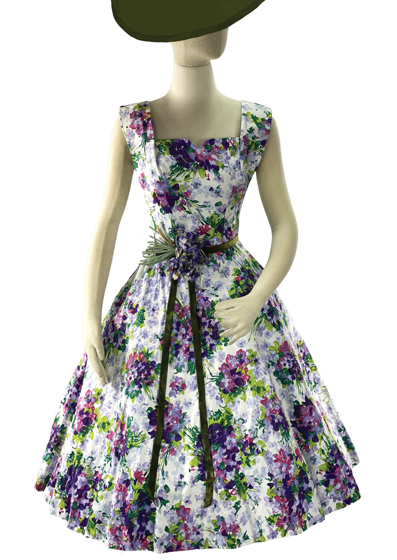 Stunning 1950s Violet Sprays Cotton Designer Dress with Rhinestones - New!