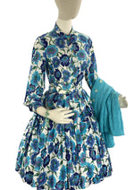 Late 1950s to Early 1960s Blue Floral Cotton Dress- New!
