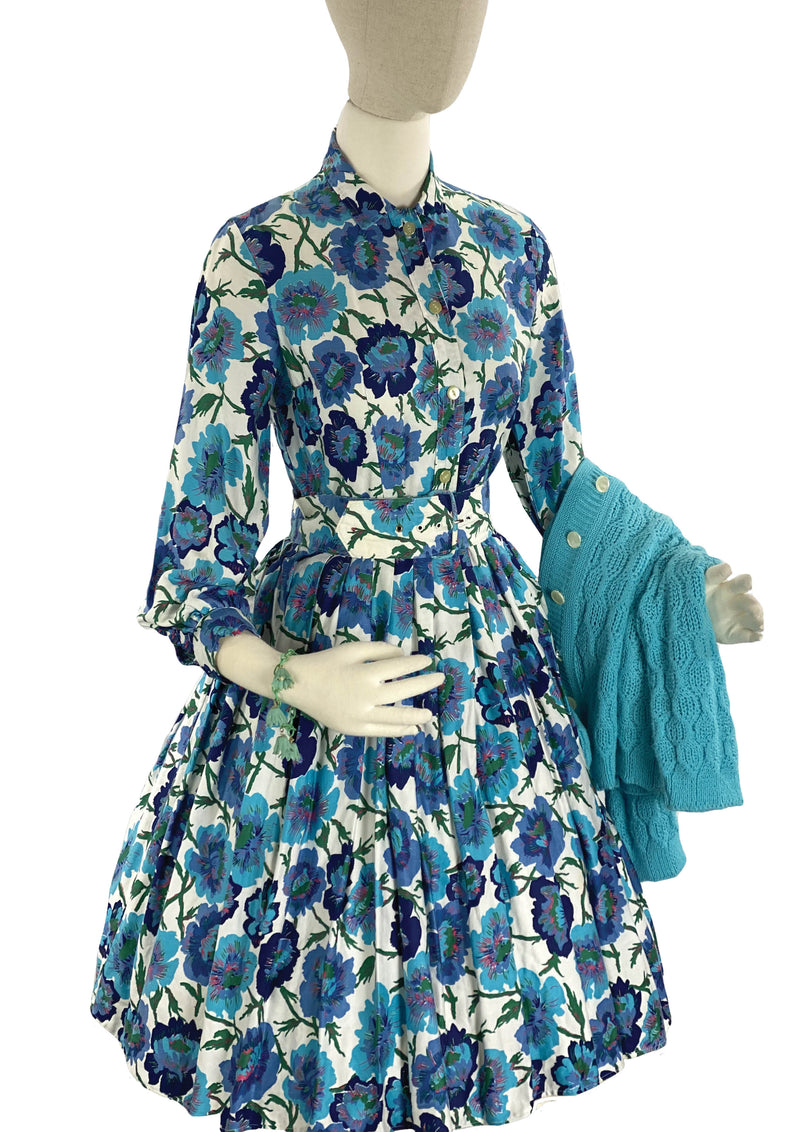 Late 1950s to Early 1960s Blue Floral Cotton Dress- New!
