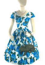 Late 1950s Vibrant Blue Roses California Cottons Dress- New! (ON HOLD)