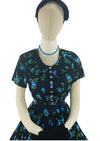Late 1950s Early 1960s Black Cotton with Blue Roses Dress - NEW!