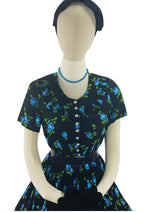 Late 1950s Early 1960s Black Cotton with Blue Roses Dress - NEW!