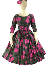 Late 1950s Early 1960s Magenta Roses Silk Dress - New!