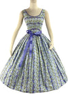 Glorious 1950s Blue Rose Print Cotton Dress - New!