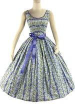 Glorious 1950s Blue Rose Print Cotton Dress - New!