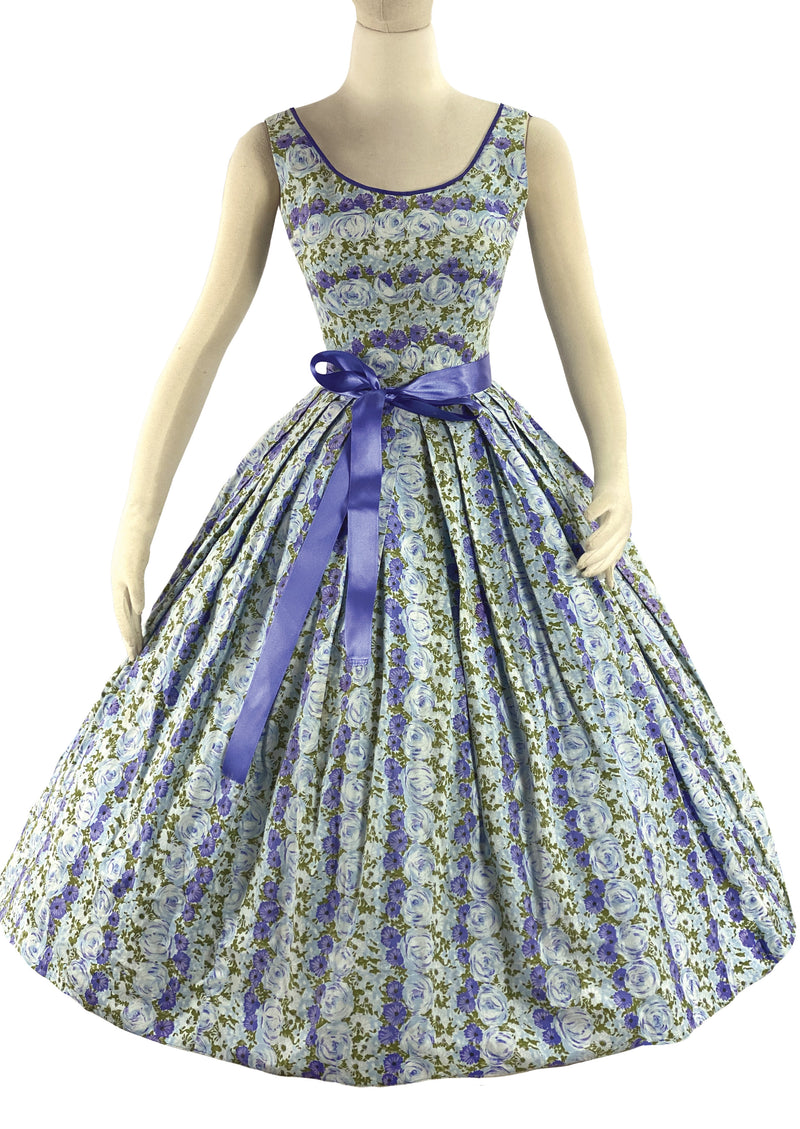 Glorious 1950s Blue Rose Print Cotton Dress - New!