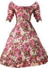 Eye-Catching 1950s Pink Floral 3D Applique Silk Dress - New!
