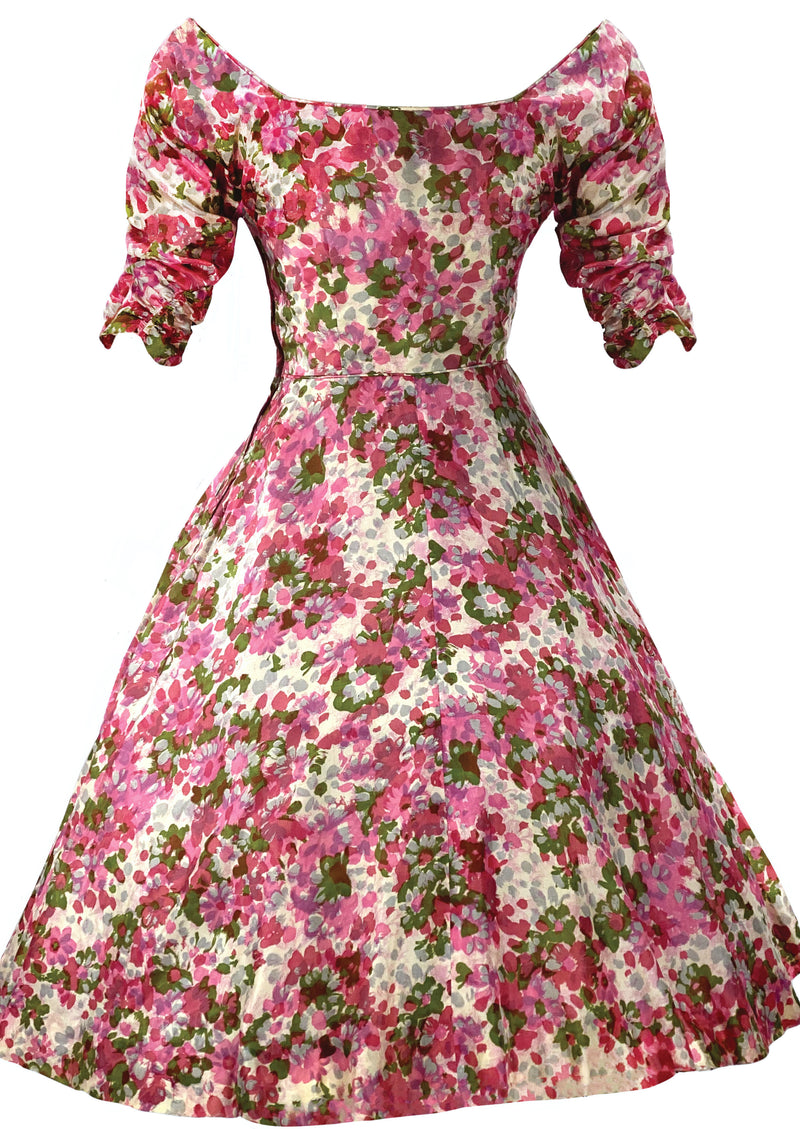 Eye-Catching 1950s Pink Floral 3D Applique Silk Dress - New!
