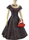 Stunning 1950s British Designer Flocked Cherries Dress- New!