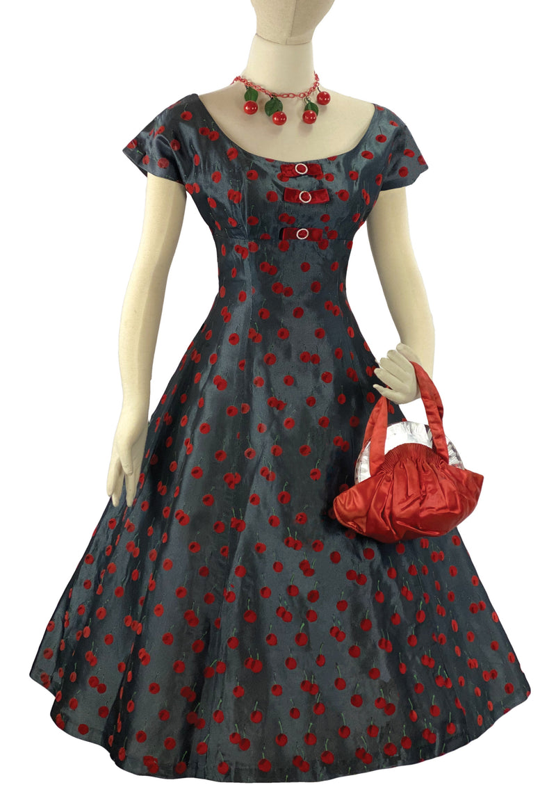 Stunning 1950s British Designer Flocked Cherries Dress- New!