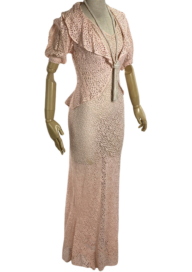 Glorious 1930s Pink Cotton Lace Gown and Bolero Ensemble - New!
