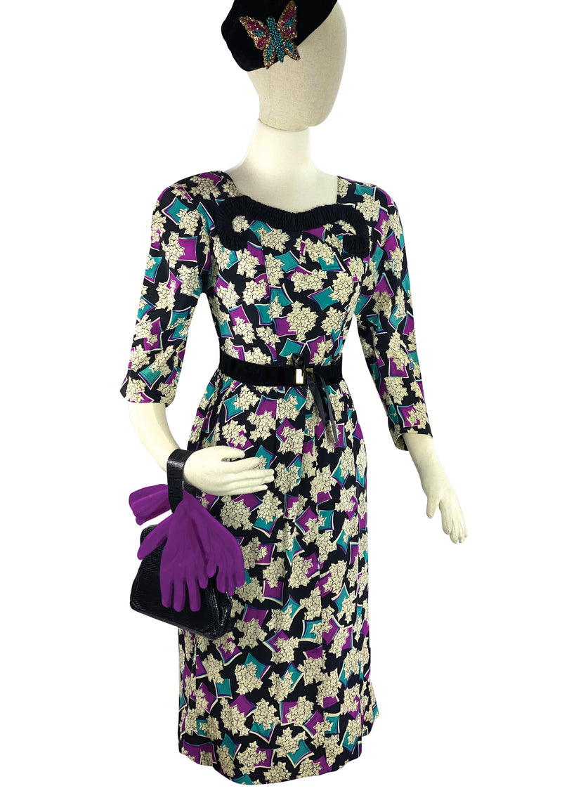 Vintage 1940s Floral Novelty Print Rayon Dress- New!