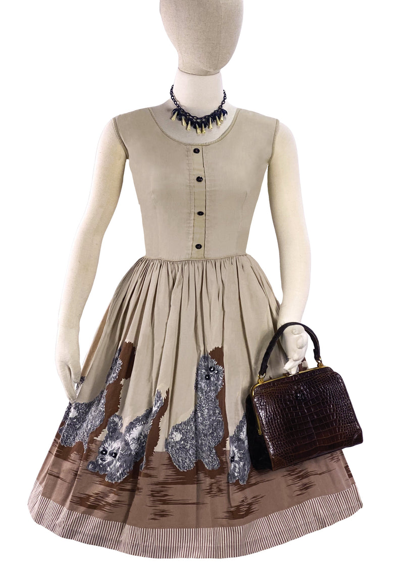 1950s Poodle Print Oatmeal Cotton Novelty Dress- New!