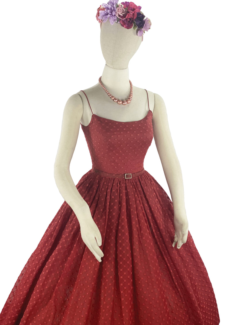 Late 1950s Garnet Coloured Dotted Swiss Fabric Dress- NEW!