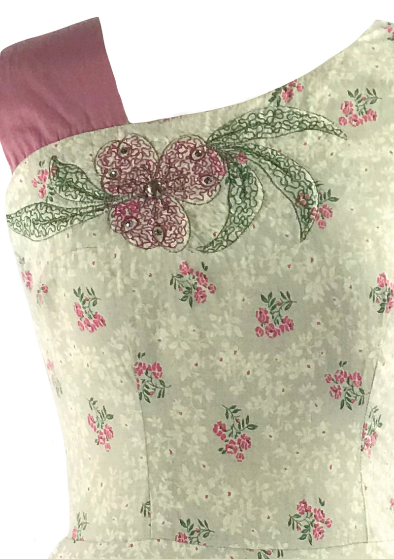 Amazing 1950s Pink Floral Applique Cotton Dress- New!