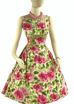 Vintage 1950s Full Blown Pink Roses Print Cotton Dress - NEW!