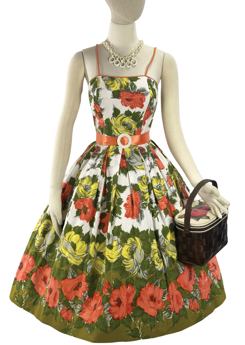 Vintage 1950s Golden and Tangerine Roses Cotton Dress - New!