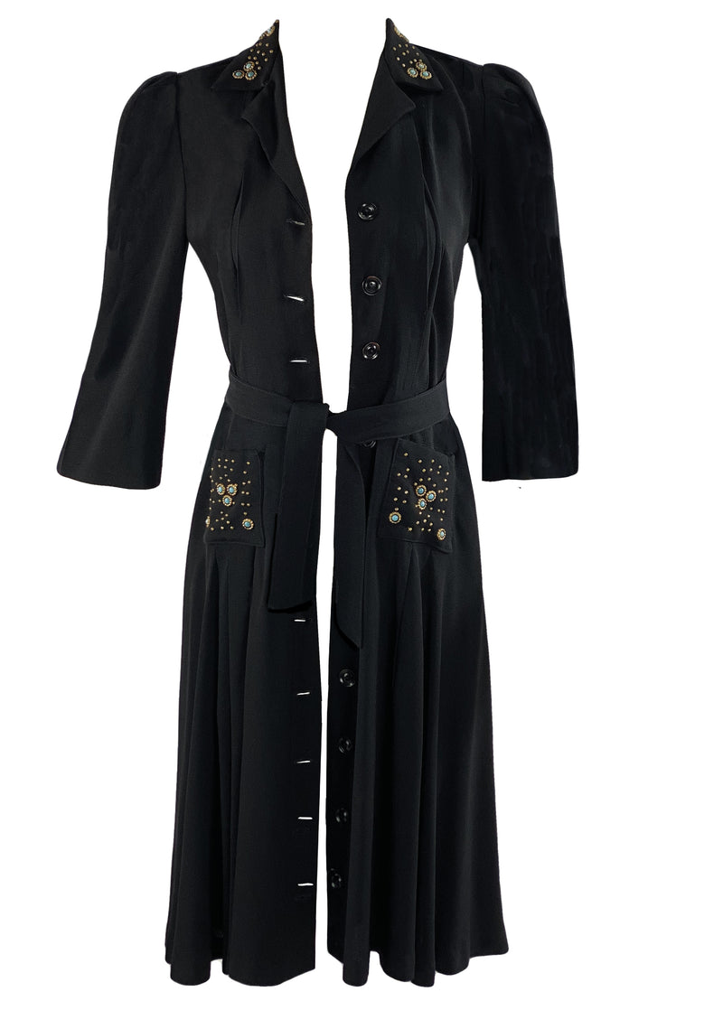Vintage Early 1940s Studded Black Crepe Button-Through Dress - NEW!