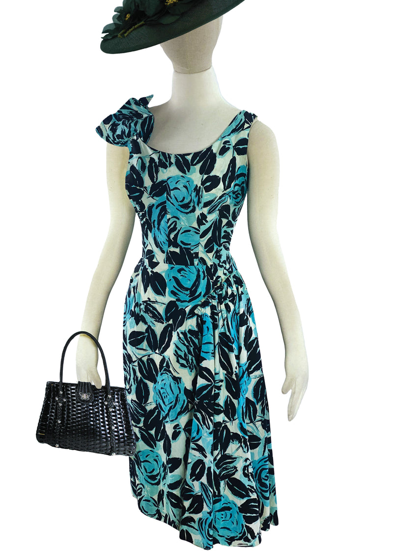 Late 1950s Early 1960s Blue Roses Cotton Dress - New!
