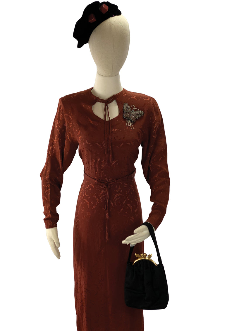 Vintage 1940s Russet Squiggle Rayon Dress- New!
