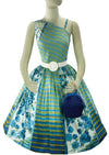 Late 1950s Blue and Green Stripes and Bouquets Cotton Dress - New!