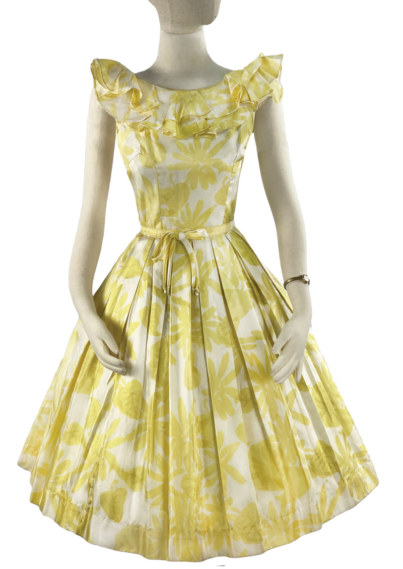 Vintage 1950s Gold and White Abstract Floral Dress - NEW!