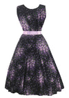 1950s Purple Floral Sprays on Black Cotton Dress- New!