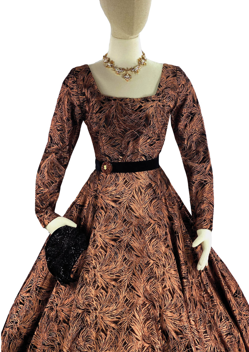 1950s Feather Print Black & Bronze Jacquard Dress- New! (ON HOLD)