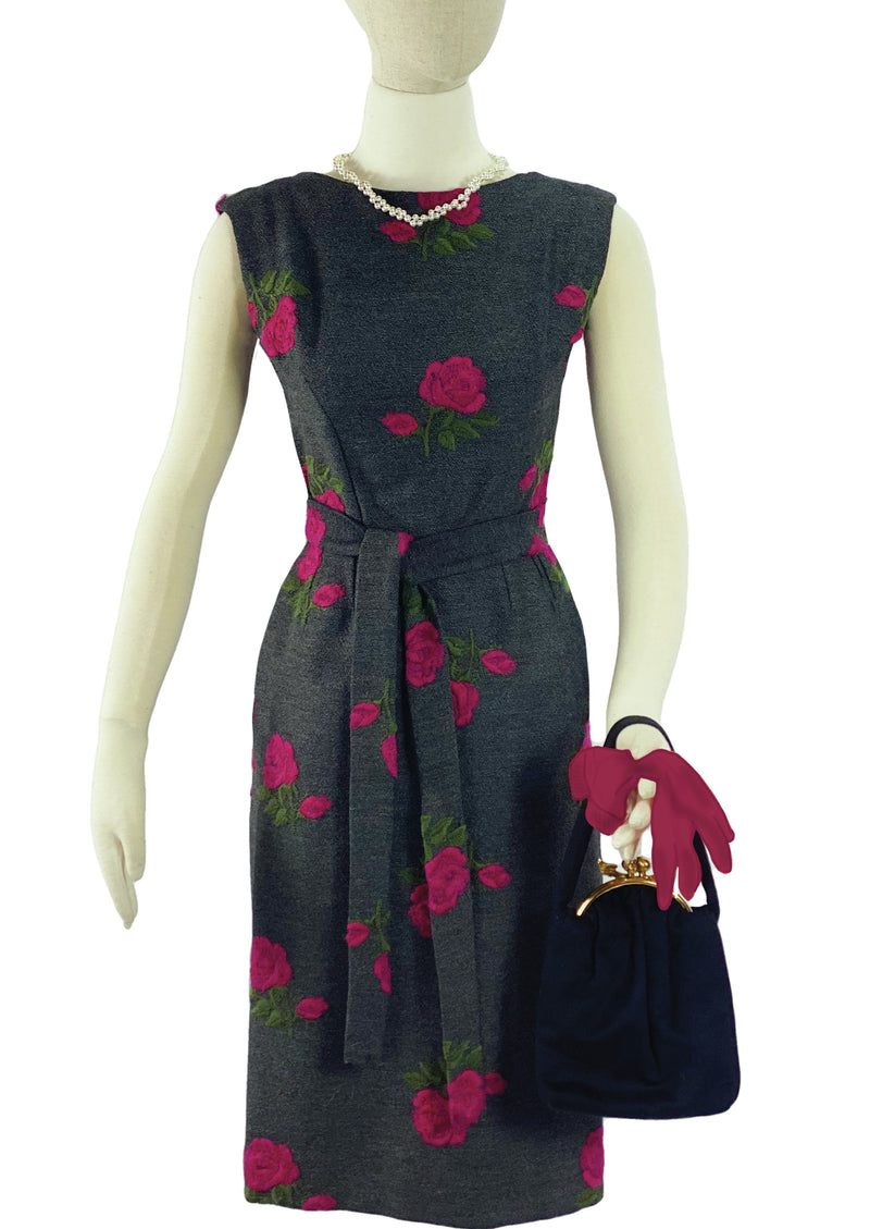 Early 1960s Magenta Roses Wool Wiggle Dress - New!