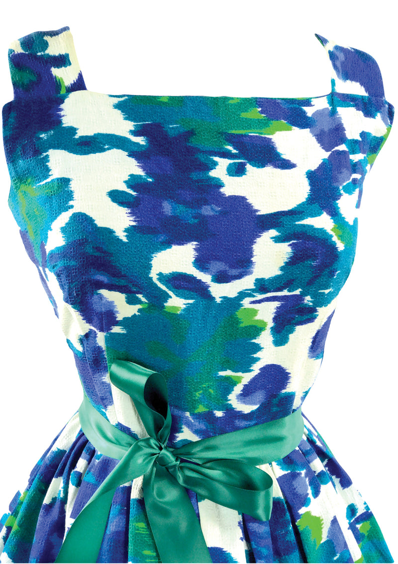 Vintage 1950s Blue Green Abstract Pique Cotton Dress - New!