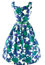Vintage 1950s Blue Green Abstract Pique Cotton Dress - New!