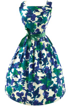 Vintage 1950s Blue Green Abstract Pique Cotton Dress - New!