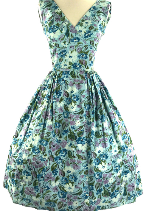 Vintage 1950s Blue Cotton Floral Dress - New!