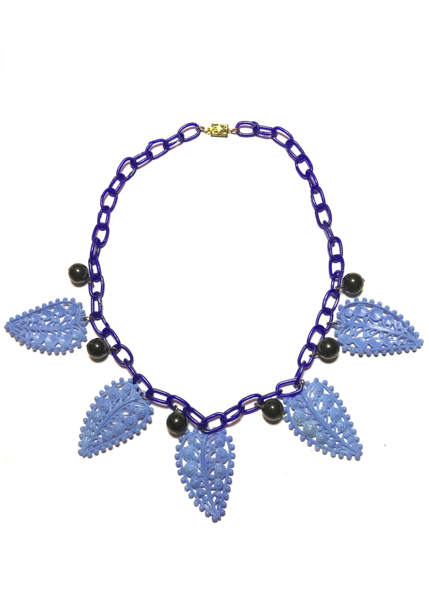1940s Bakelite Cherries Blue Celluloid Leaves Necklace New Coutura Vintage