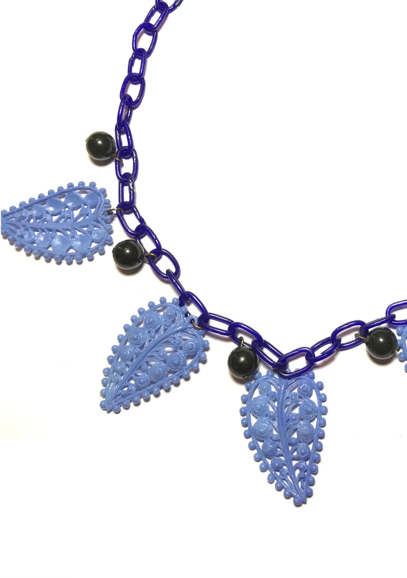 1940s Bakelite Cherries & Blue Celluloid Leaves Necklace - New!
